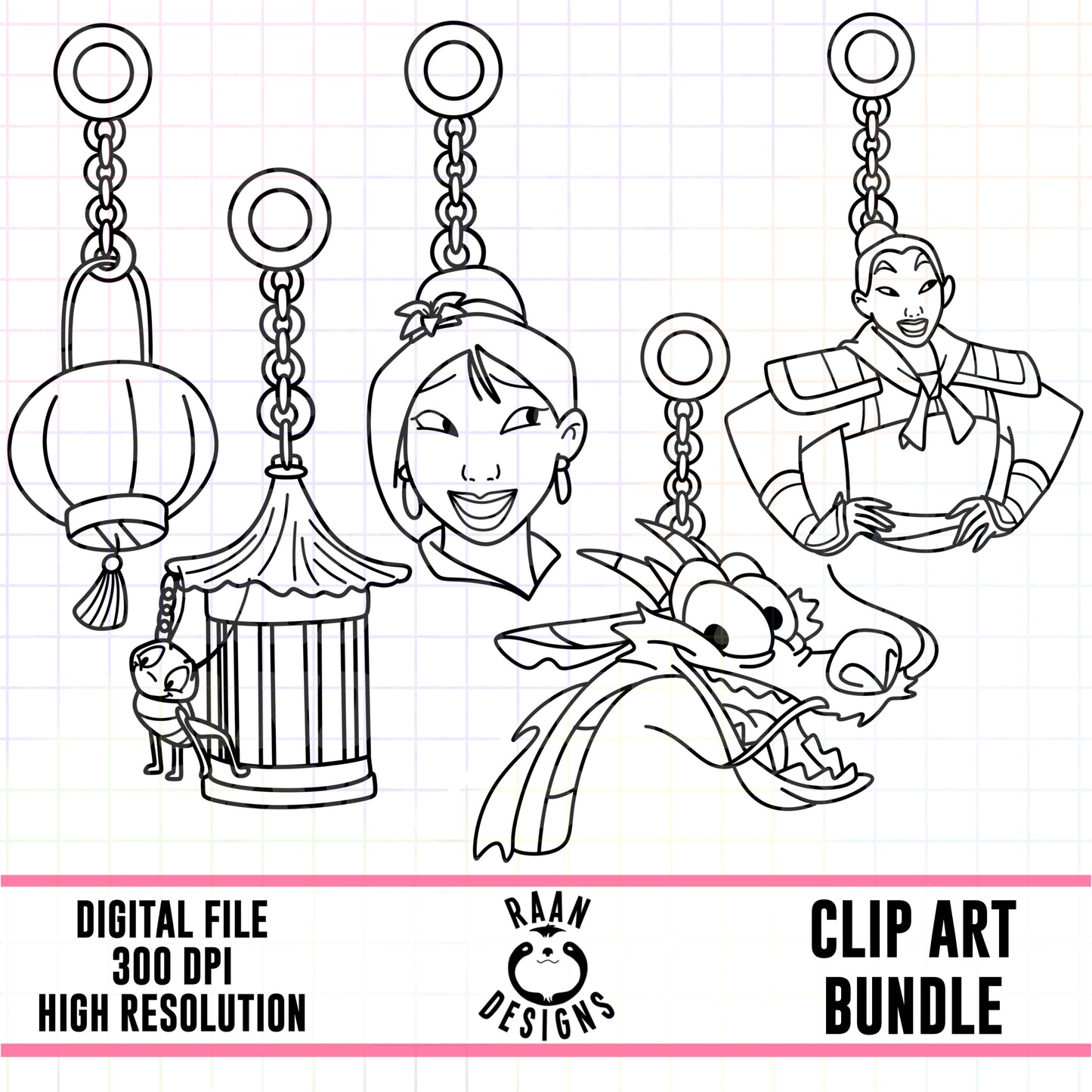 Mulan Charms Outlines-Clipart Bundle