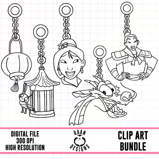 Mulan Charms Outlines-Clipart Bundle