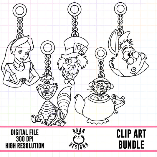 Alice Charms Outline -Clipart Bundle
