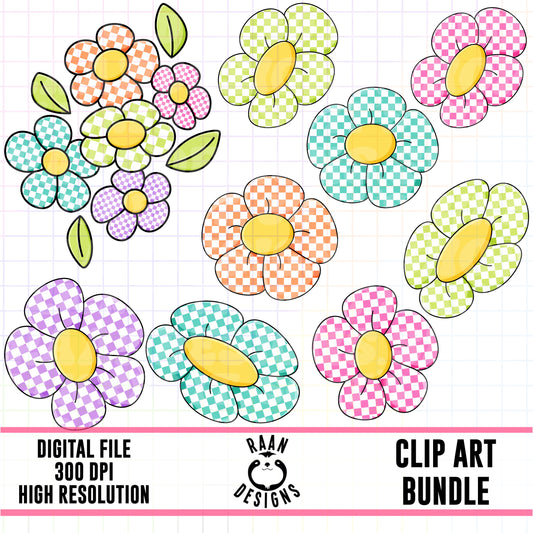 Bright Checker Flowers-Clipart Bundle