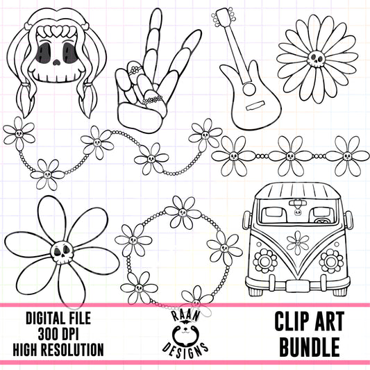 Skelly Hippie-Outline Clipart Bundle