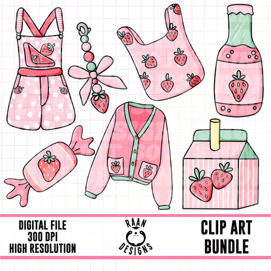 Pink Strawberry Set 2-Clipart Bundle