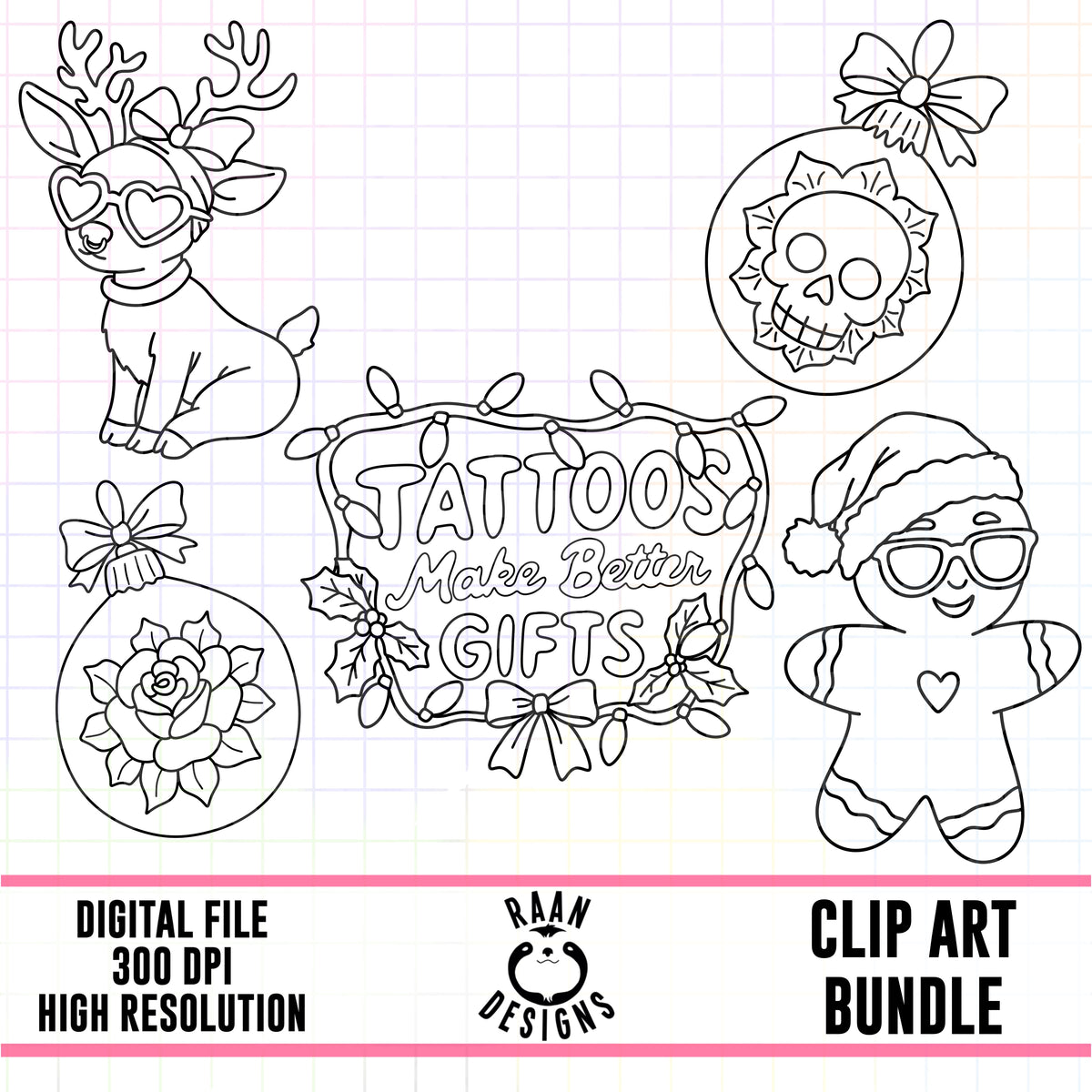 Tattoo Christmas Outline-Clipart Bundle