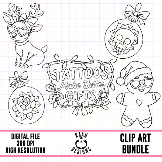 Tattoo Christmas Outline-Clipart Bundle