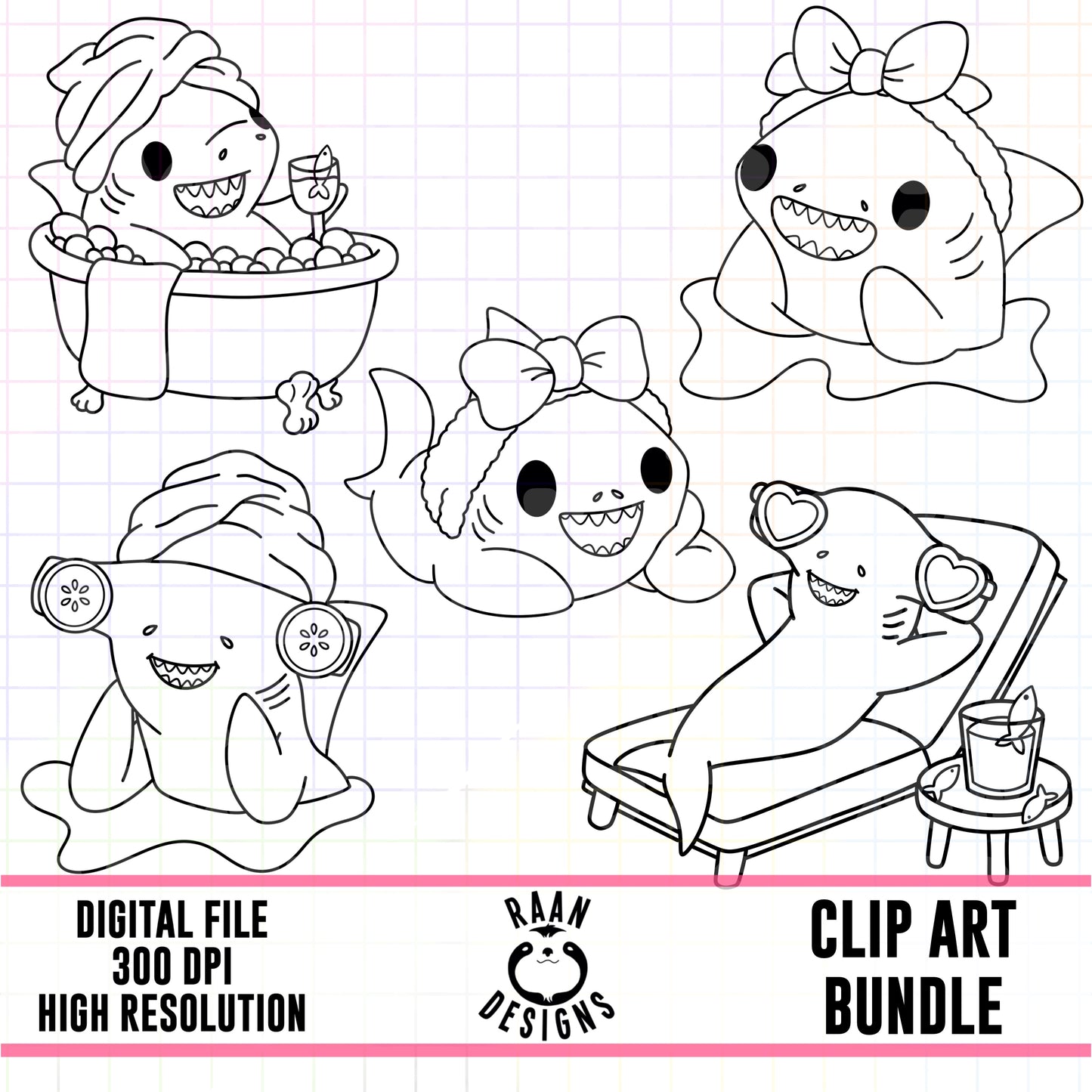 Shark Spa Day Outlines-Clipart Bundle