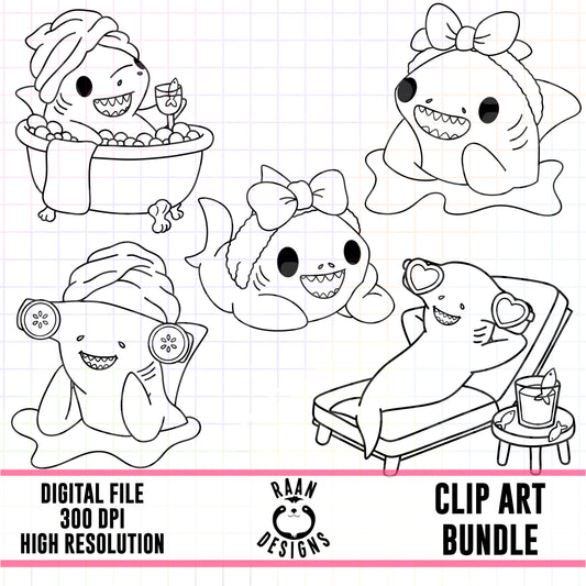 Shark Spa Day Outlines-Clipart Bundle