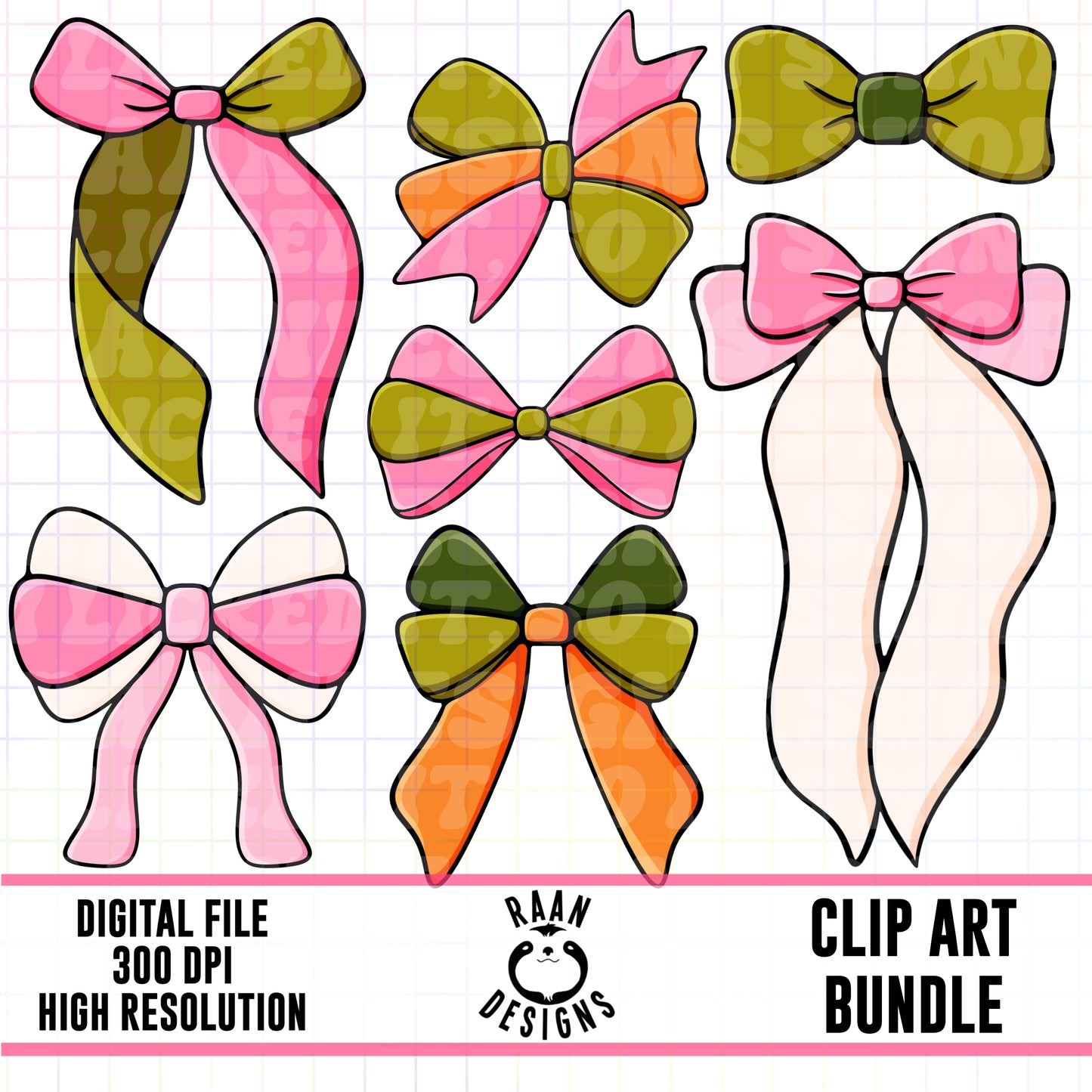 Green Pink Bows-Clipart Bundle