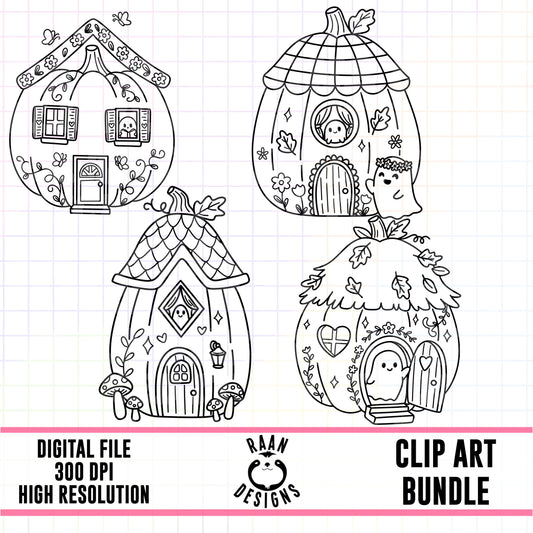 Pumpkin Houses Outlines-Clipart Bundle