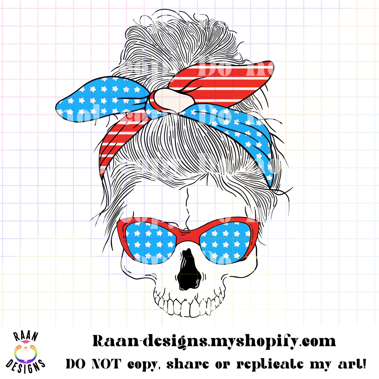 Skull Messy Bun-Red White Blue