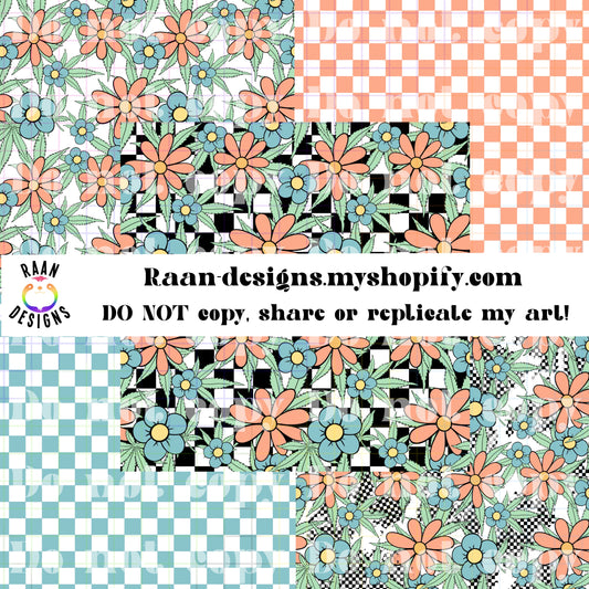 Flowers Weeds Checkered Seamless Patterns Bundle