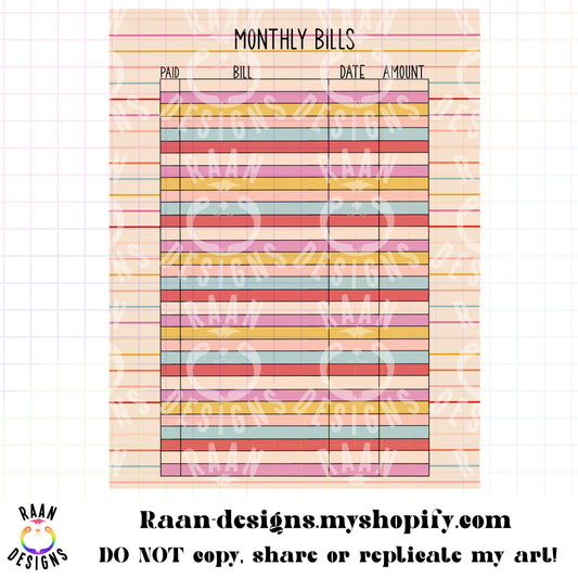 MultiColor Lined-Monthly Bills